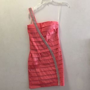 ASYMMETRICAL CORAL DRESS WITH RHINESTONES
